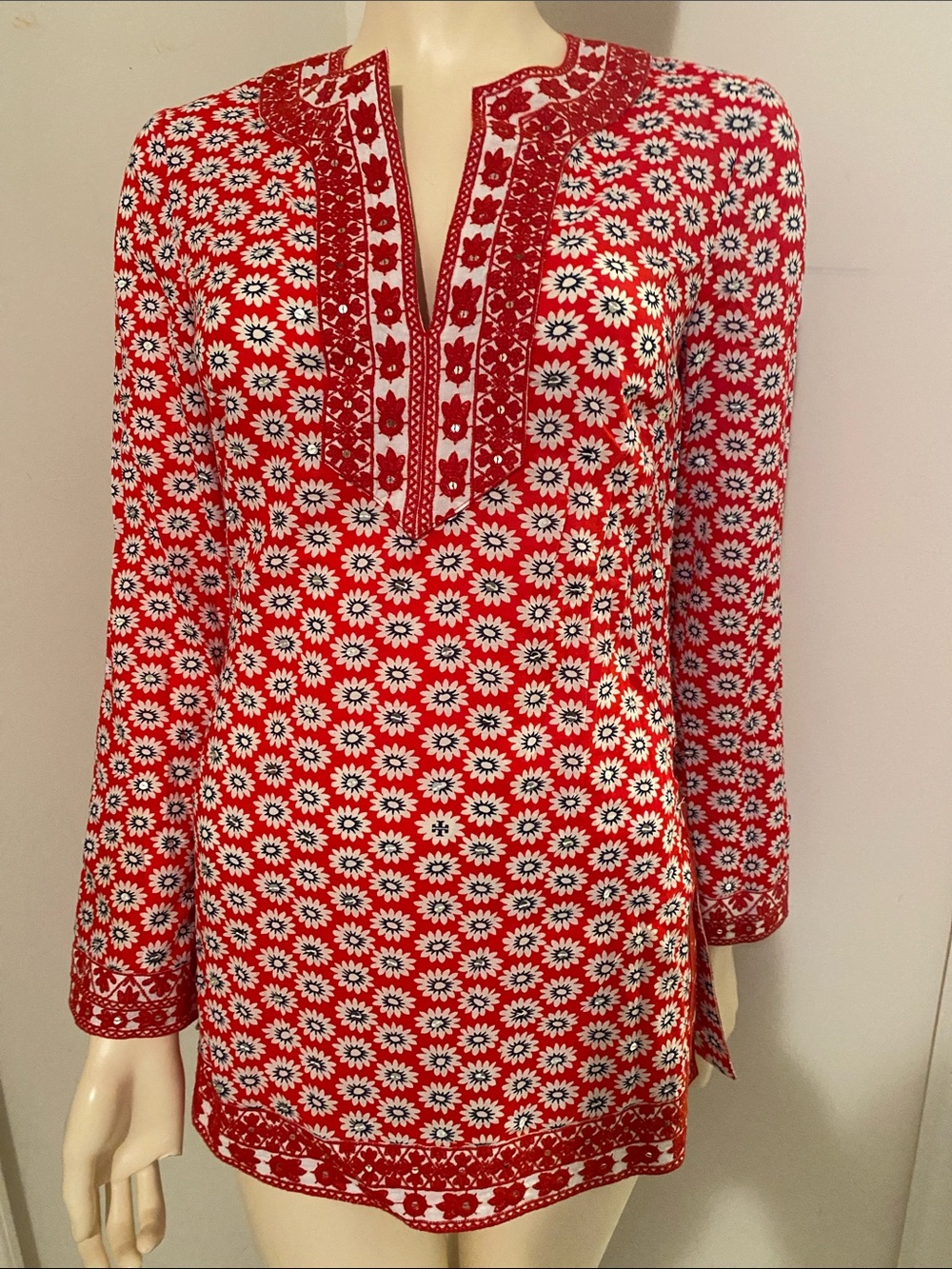 Red Floral Split-Neck Tunic with Embroidered Trim and Sequins